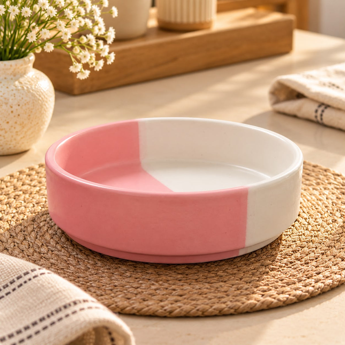 Pink white ceramic serving bowl for snacks and desserts