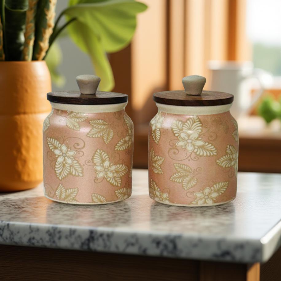 Vintage Blossom Ceramic Jar Set with Wooden Lid - Set of 2