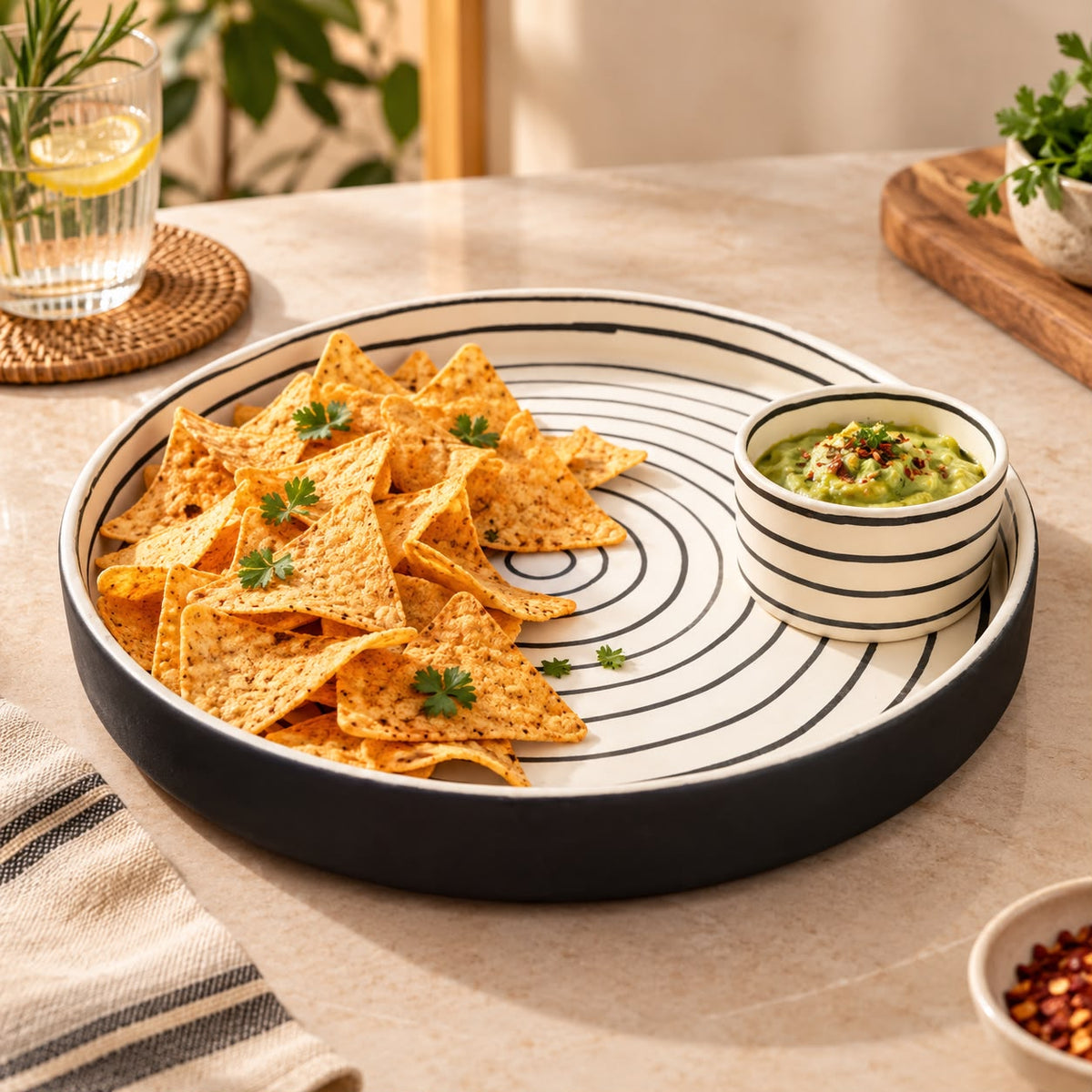 Snack platter with integrated dip bowl for appetizers