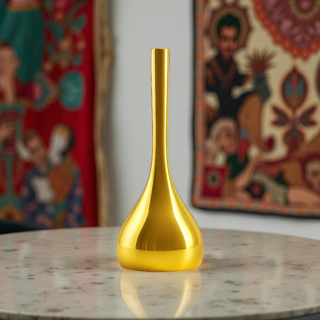 Golden ghanti on a marble surface with colorful artwork in the background