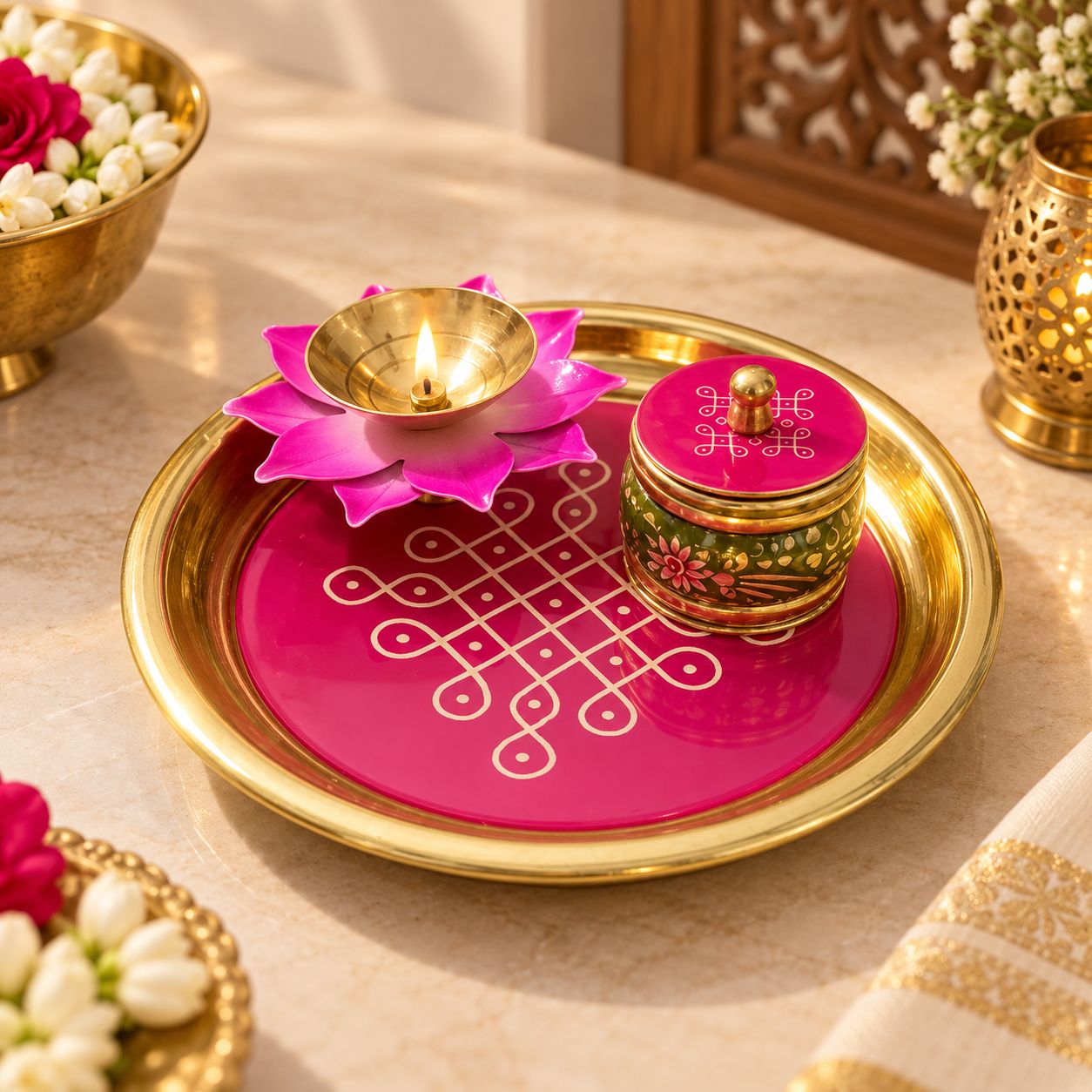 A decorative pink and gold ritual tray set on a beige surface, featuring a pink lotus-shaped diya holder with a lit flame and a small pink and gold decorative box.