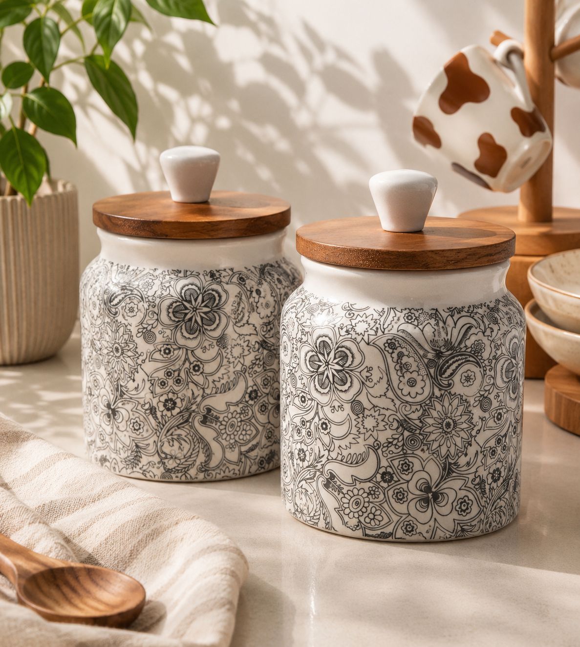 Two ceramic jars with floral patterns and wooden lids on a kitchen counter.