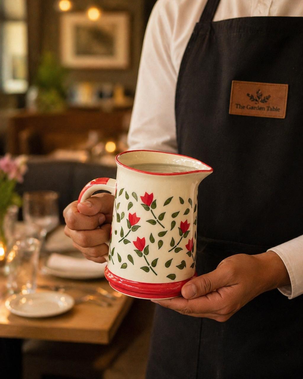 Person holding a ceramic pitcher with floral design in a restaurant setting