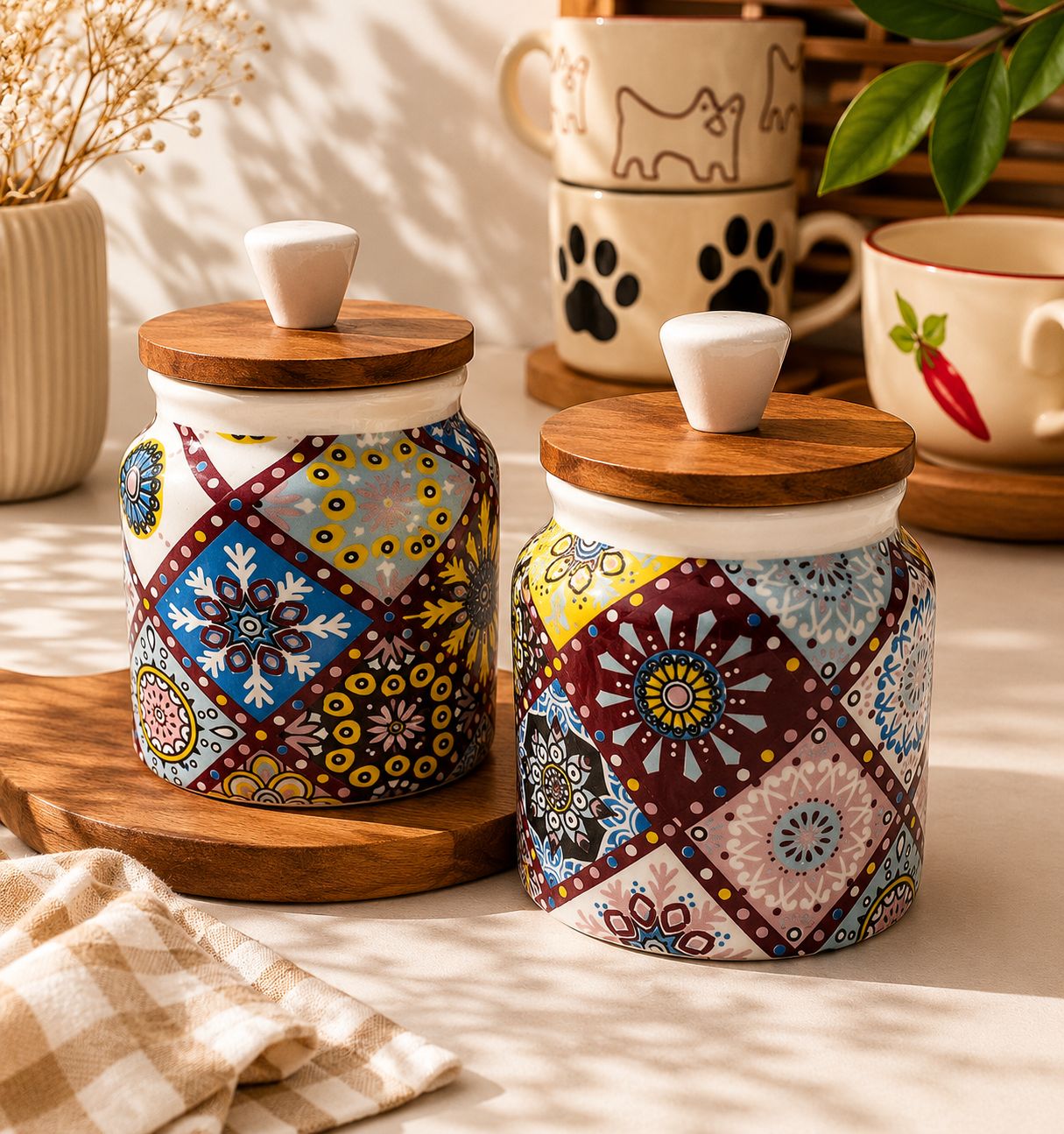 Two ceramic jars with wooden lids on a wooden surface, surrounded by mugs and a plant.