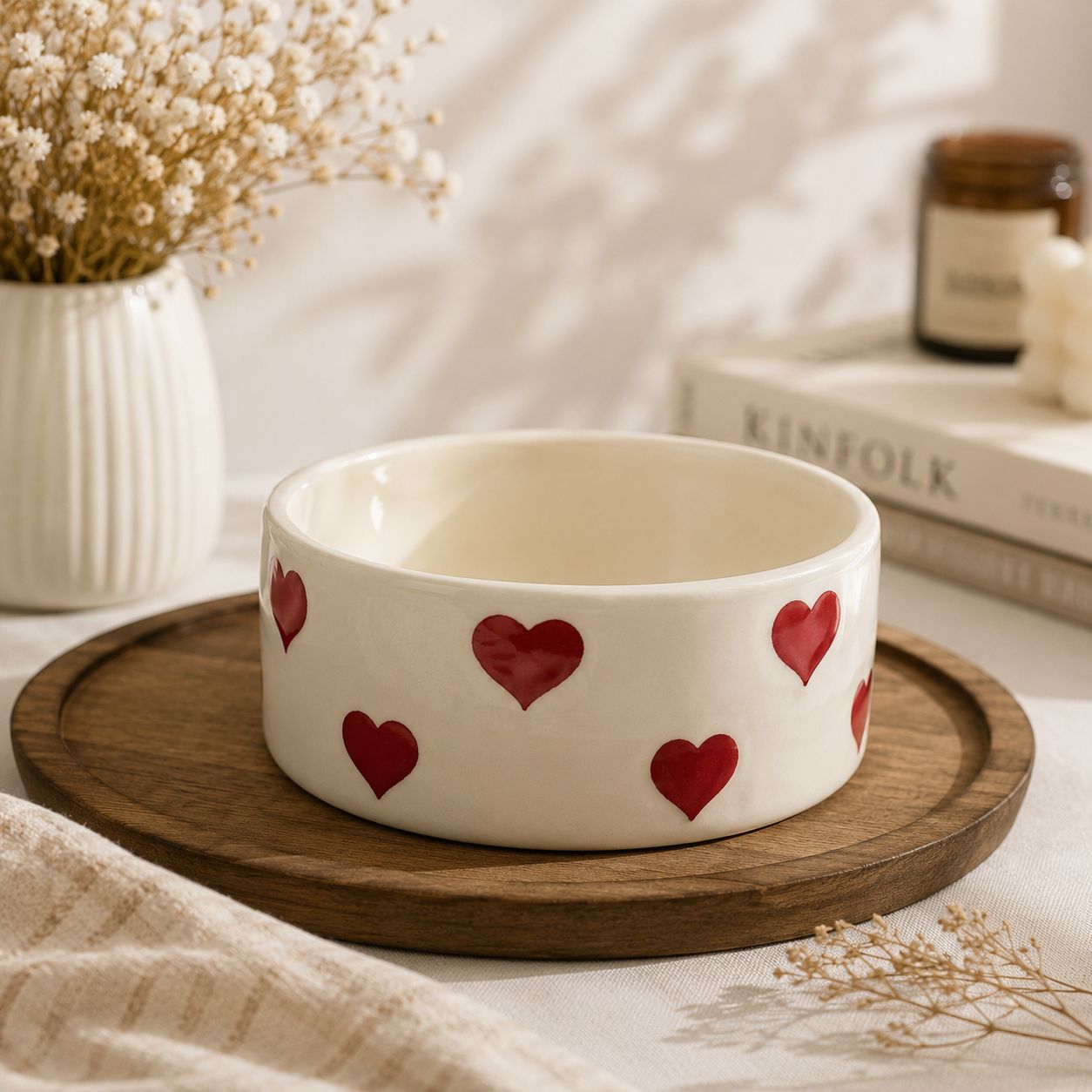 A white ceramic bowl decorated with red hearts, resting on a round wooden tray. The scene is styled with a white ribbed vase of dried baby's breath, a stack of books, and a small amber bottle in the background.