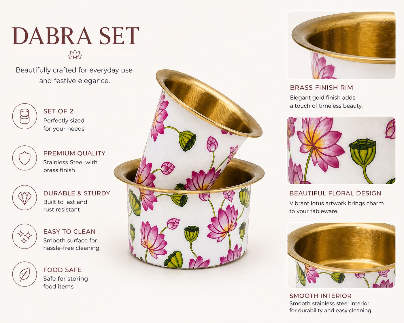 Traditional South Indian brass coffee tumbler and bowl set with lotus print
