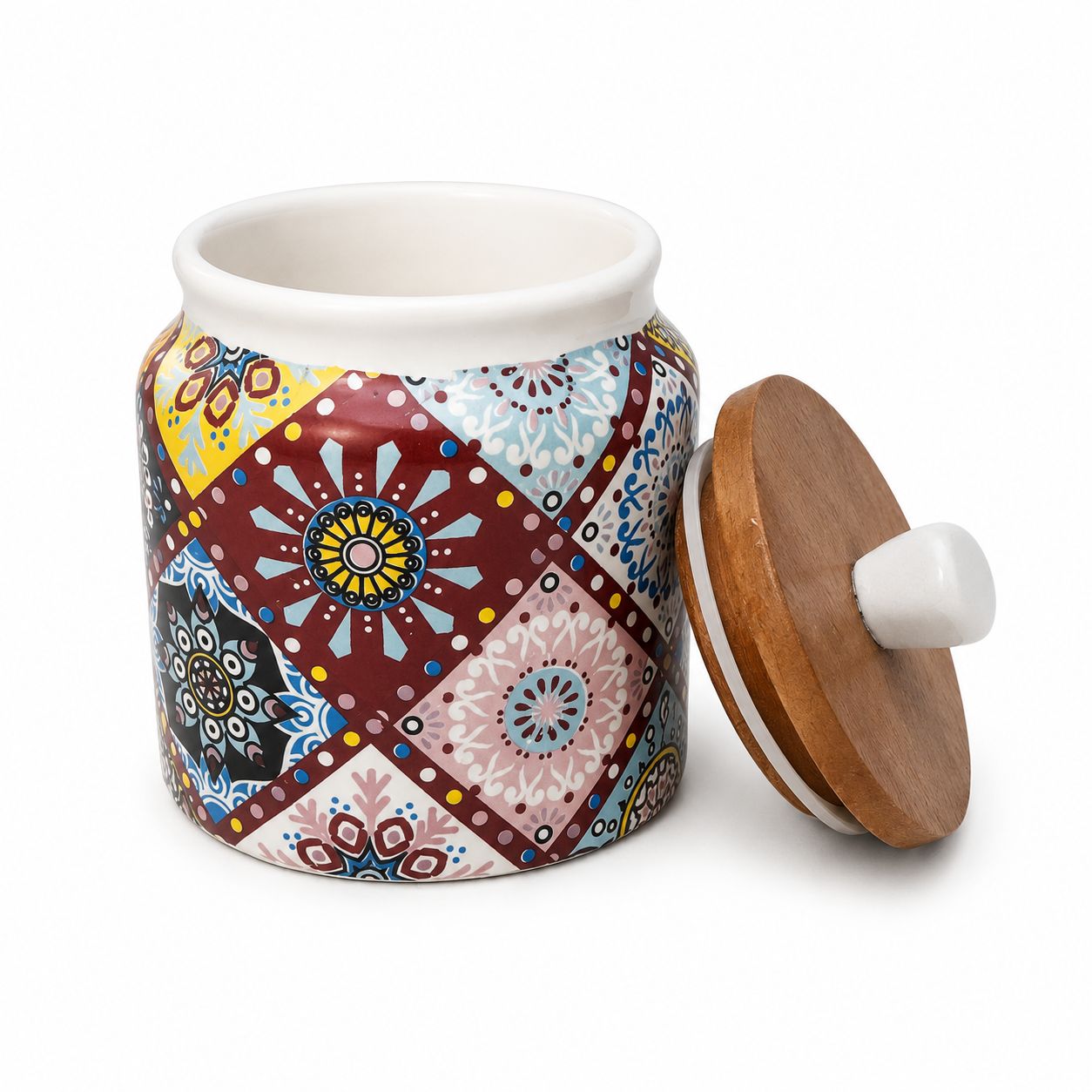 Decorative ceramic jar with a colorful pattern and wooden lid on a white background