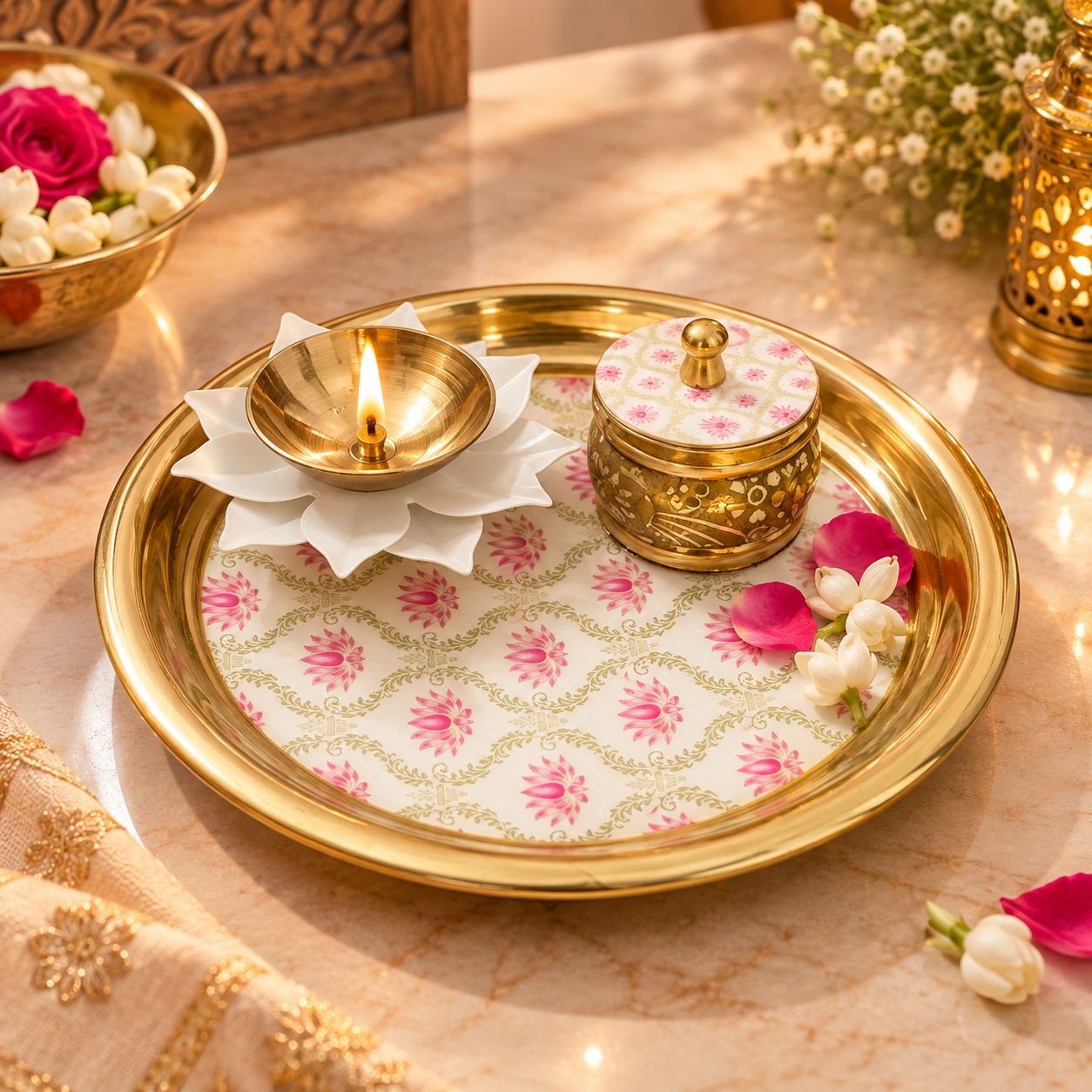 A decorative brass ritual tray with a floral-patterned insert, styled with a lit diya and a small matching lidded box on a marble surface. The scene includes floral petals, a bowl of flowers, and warm ambient lighting.