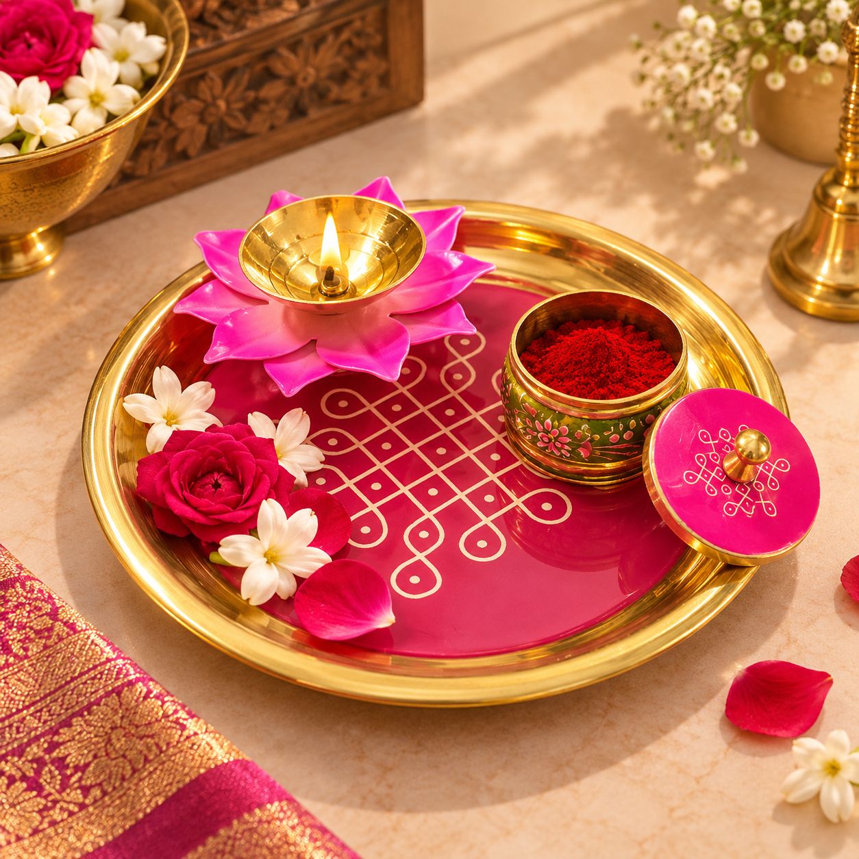 A decorative brass and pink ritual tray set with a lit oil lamp, a small pot of red powder, flowers, and petals on a warm beige surface.