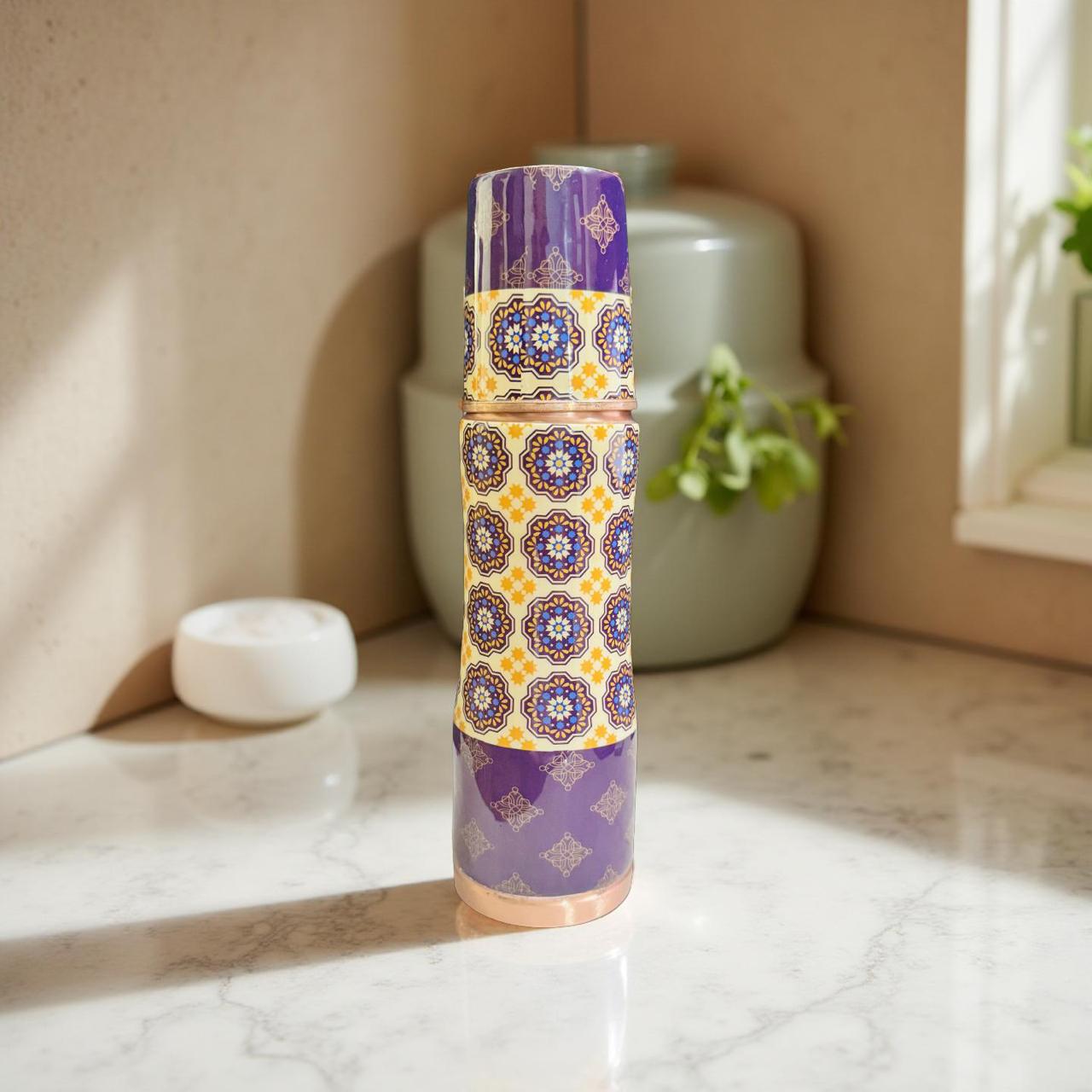 Printed Copper Bottle with Glass | Traditional Wellness Set