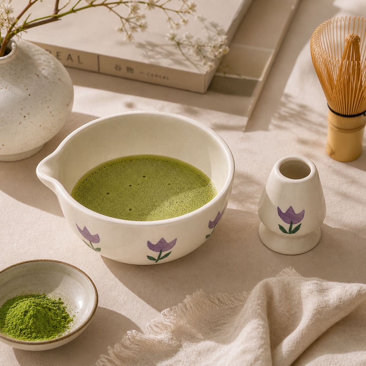 Ceramic bowl with green tea, small vase, and books on a light surface