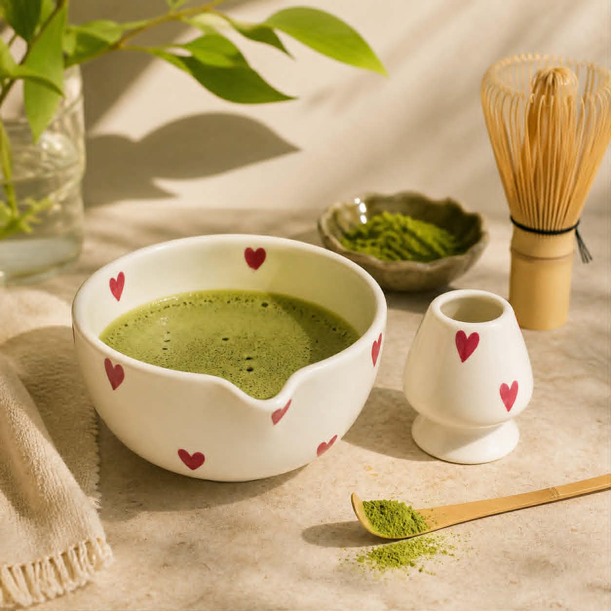 Ceramic bowl with green tea and heart designs on a wooden surface with matcha whisk and bowl in the background.