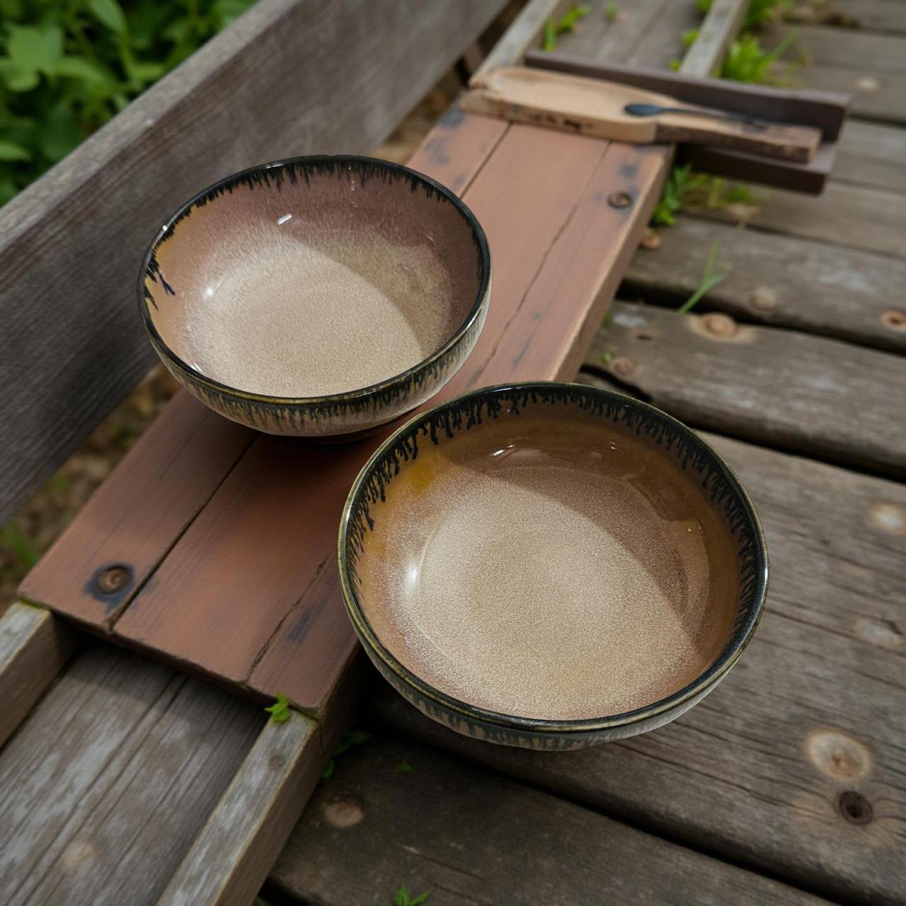 Two ceramic bowls on a wooden surface with a natural outdoor background