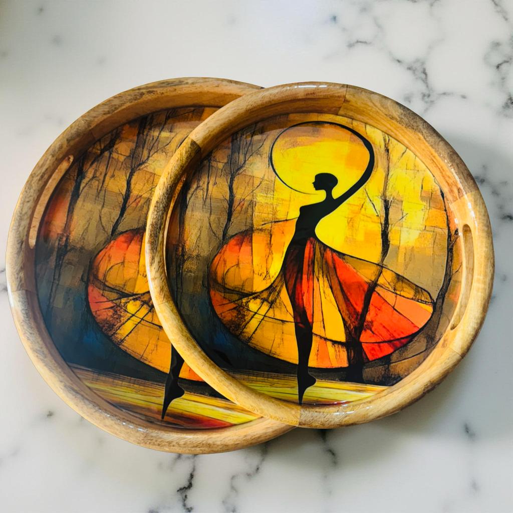 Round wooden tray with glossy resin finish featuring elegant dancer artwork, handcrafted in India by Lupaava.