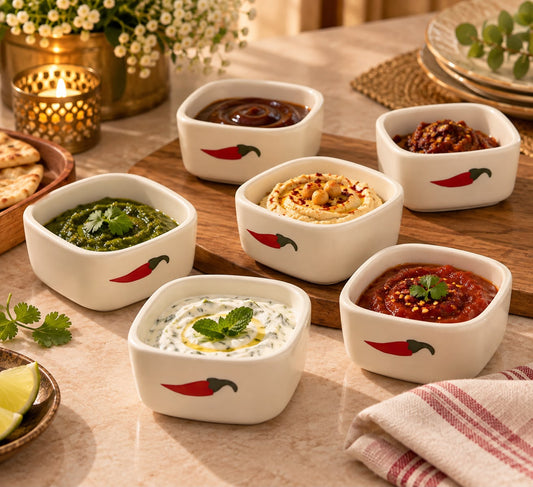 Set of six square chutney and dip bowls with red chilli motif