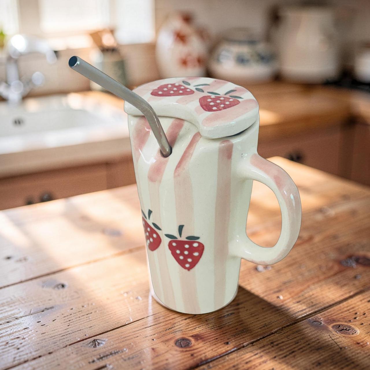 Ceramic mug with strawberry design on a wooden table