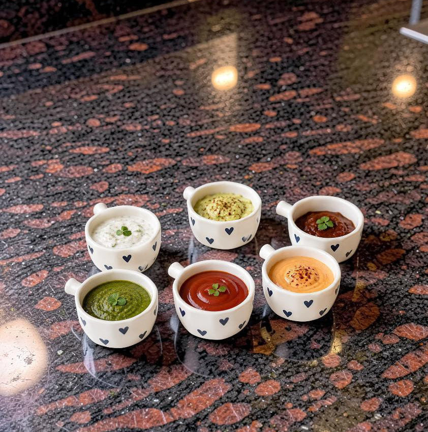 Six small white ceramic dipping cups with black heart patterns, filled with various dips like green chutney, white raita, pistachio chutney, tomato chutney, orange chutney, and a dark brown sauce, arranged on a dark speckled granite countertop.