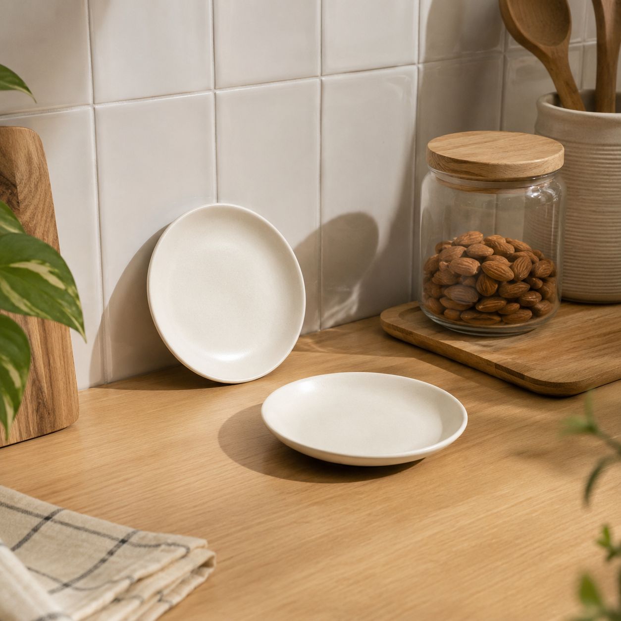 Two small round white ceramic plates with a matte finish, one standing upright and one lying flat, displayed on a light wood kitchen countertop next to a glass jar of almonds.