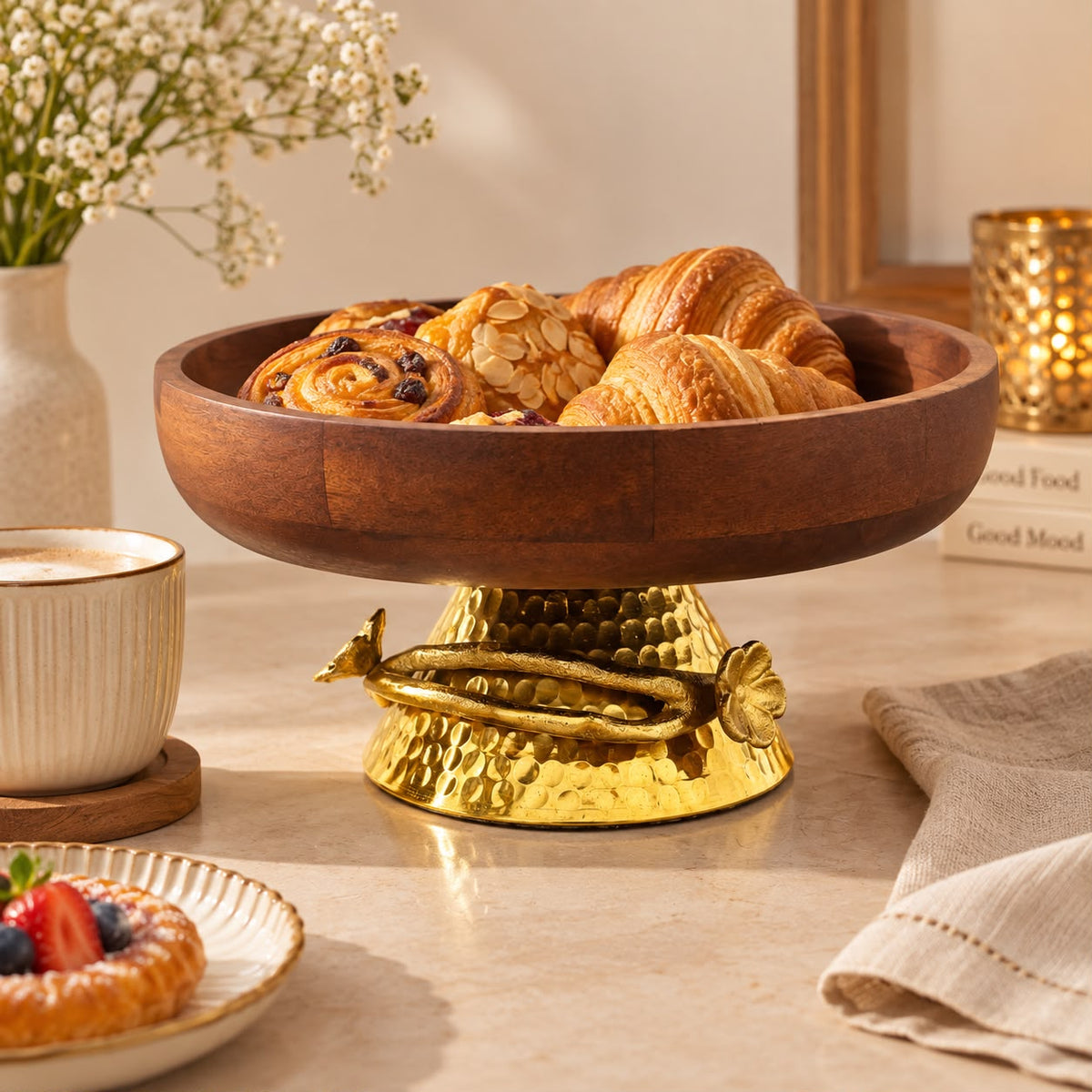 Decorative wooden centerpiece bowl with metal pedestal base