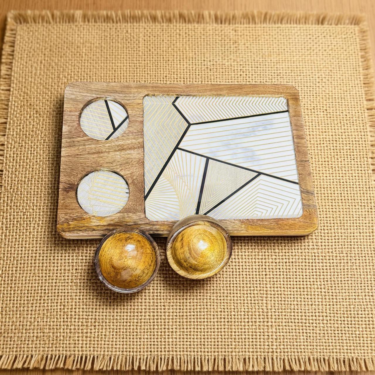 Wooden puzzle with geometric designs on a woven mat