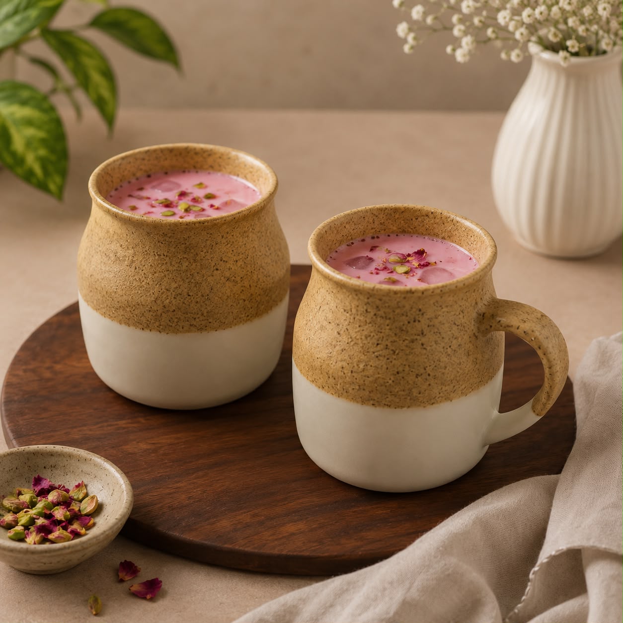 Two ceramic mugs with a two-tone beige and cream glaze, filled with pink beverage and garnished with rose petals, arranged on a wooden serving board with a small bowl of petals and a vase of flowers in the background.