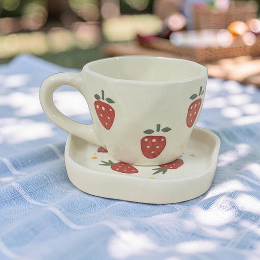 Ceramic mug with strawberry design on a matching coaster on a blue checkered tablecloth.