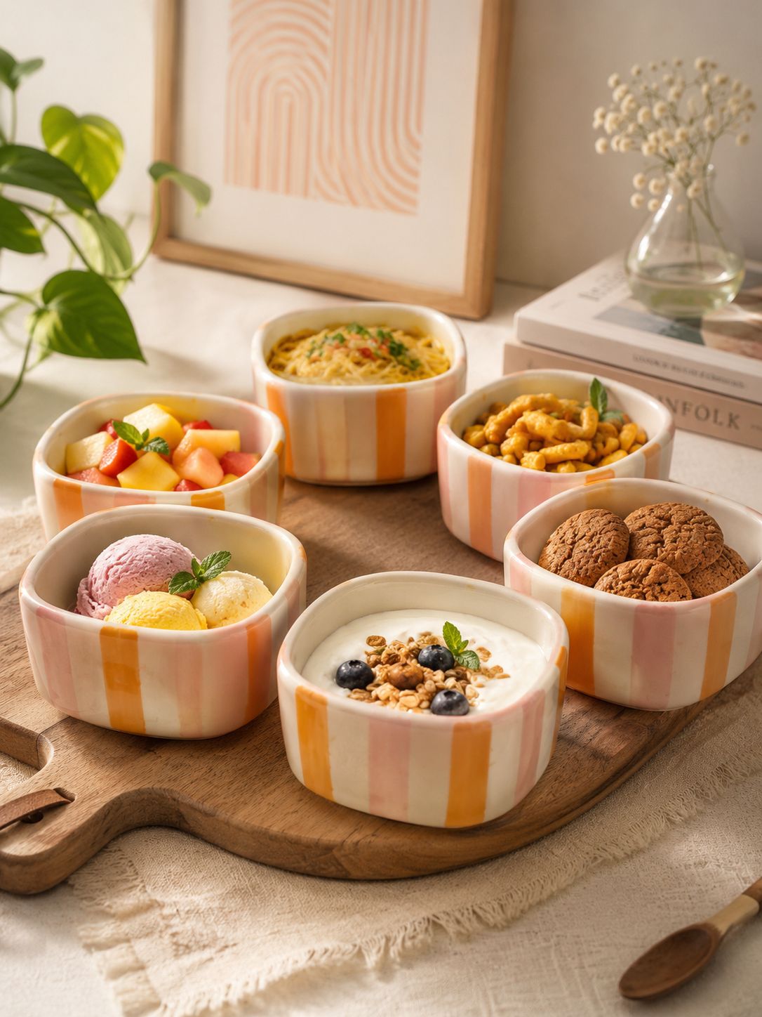 Set of small ceramic bowls with striped patterns containing various snacks on a wooden board.