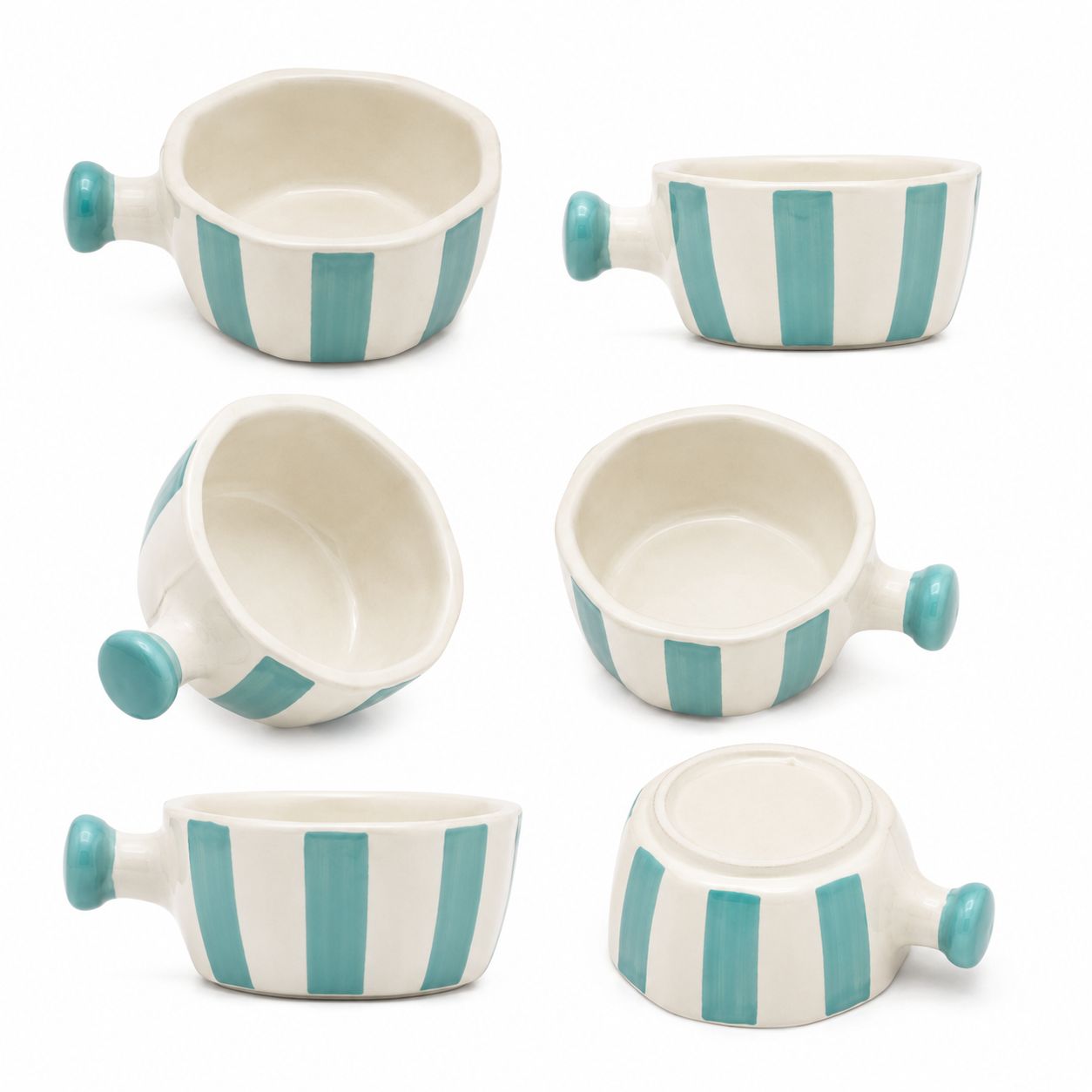 Set of six ceramic bowls with turquoise stripes and blue handles on a white background