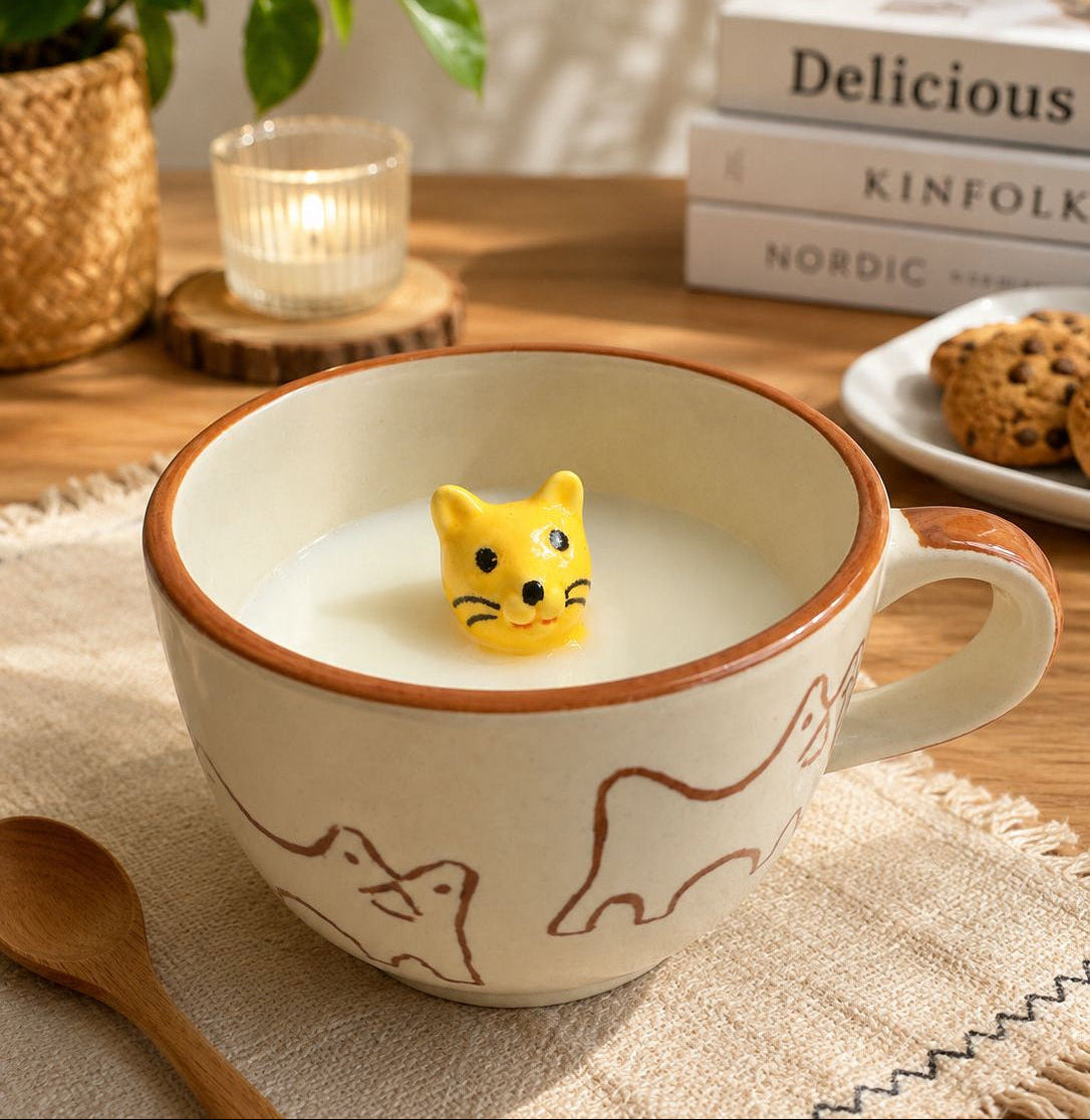 Cup with a cat-shaped toy in milk on a table with books and cookies in the background