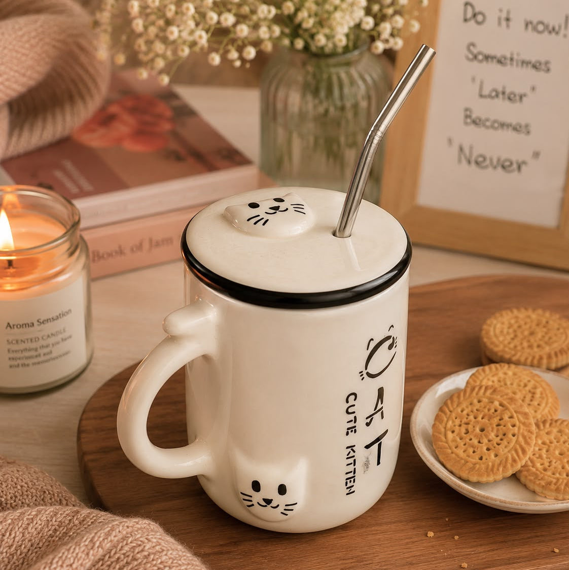 A white ceramic cat-themed mug with a matching lid and metal straw, styled on a wooden tray with cookies, a candle, and books in a cozy indoor setting.