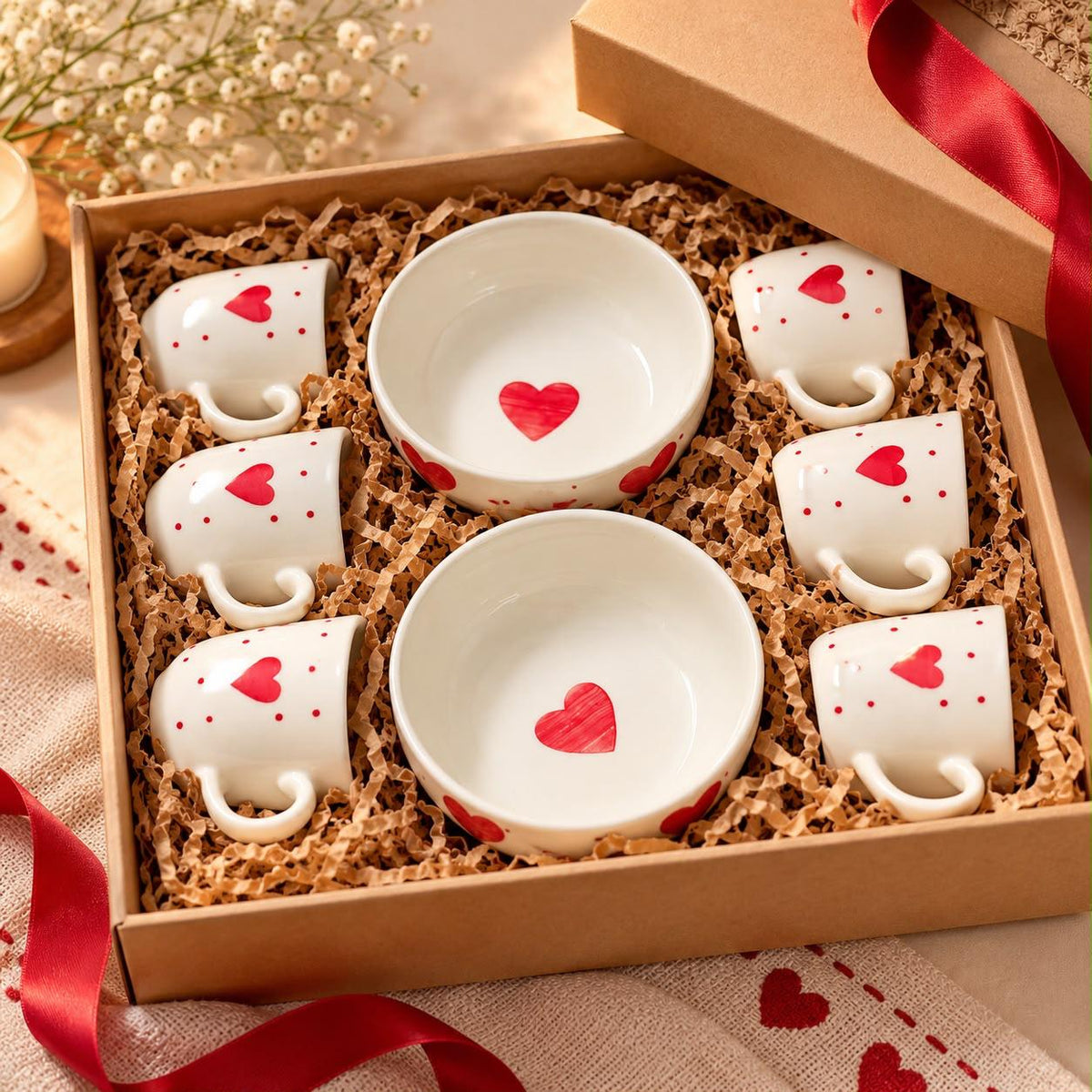 Ceramic coffee and snack serving set with six mugs and two bowls