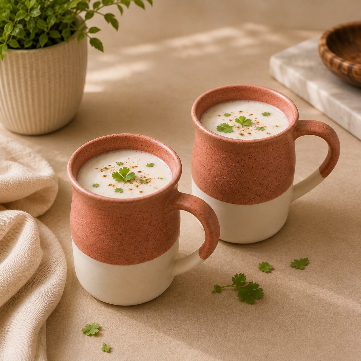 Two ceramic mugs filled with a creamy soup, styled on a beige surface with a plant, cloth, and marble accents in the background.