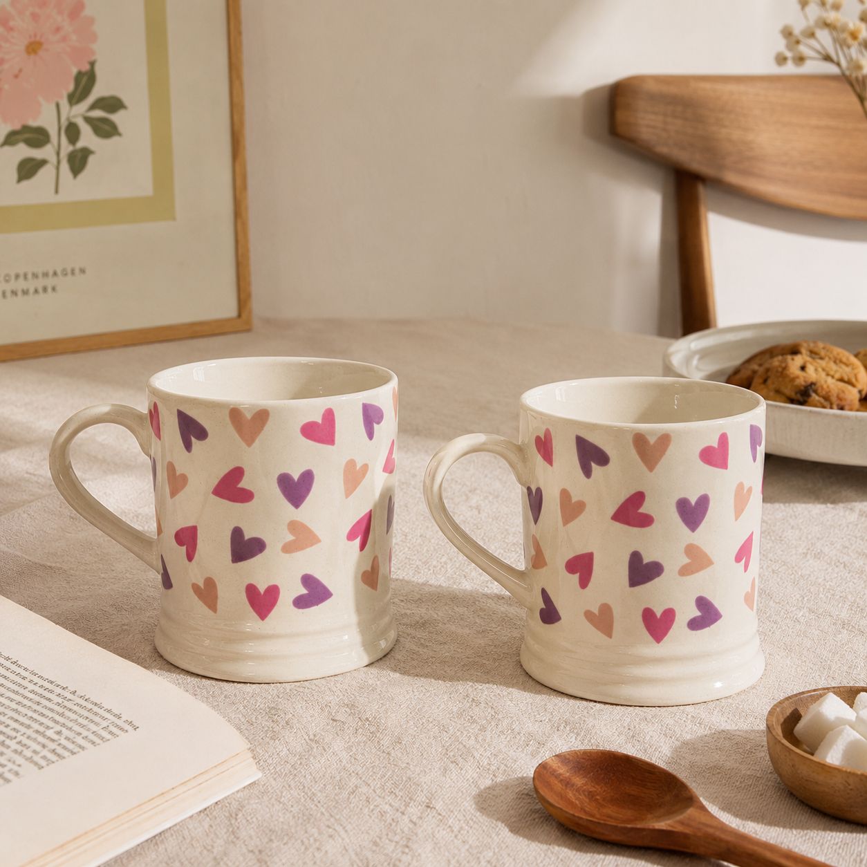 Two ceramic mugs with heart patterns on a table with a book and cookies.