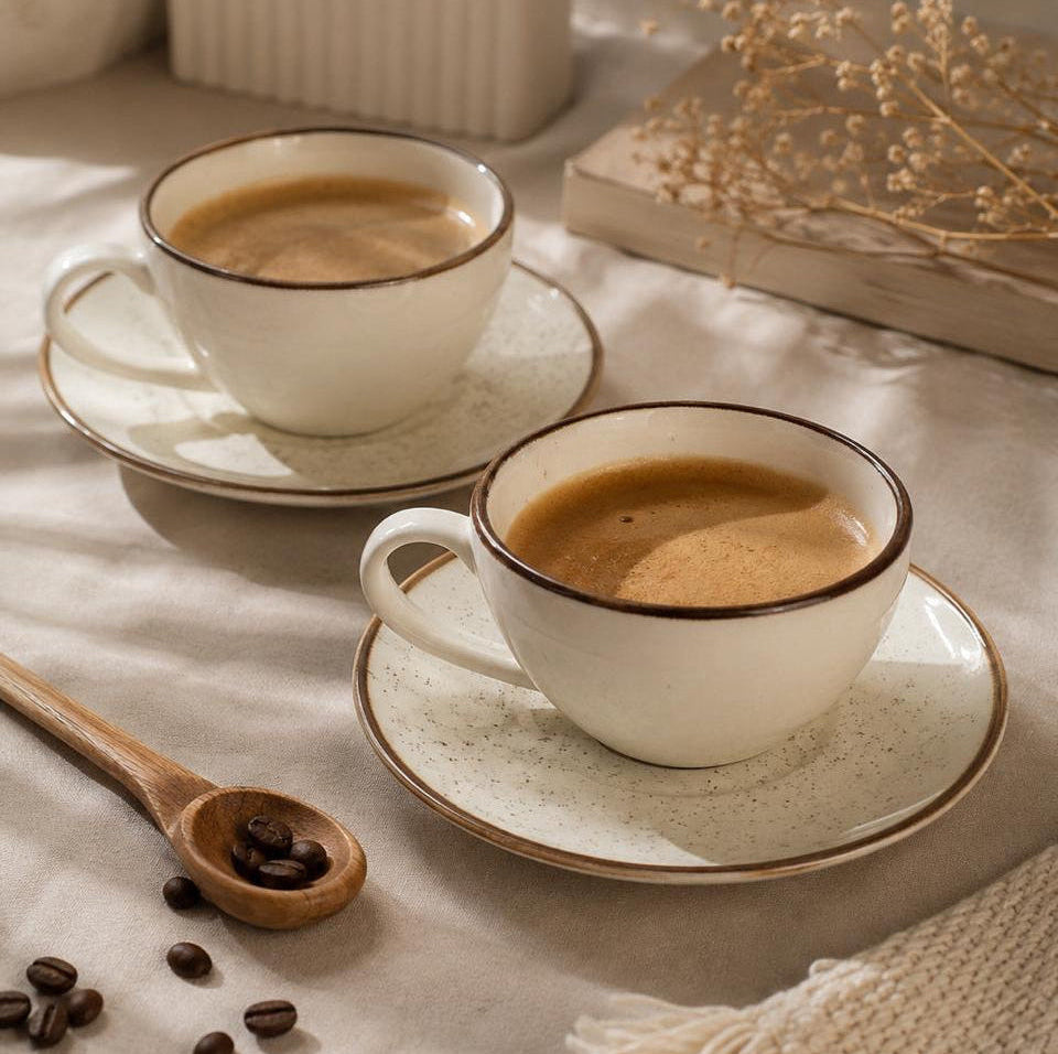 Two white ceramic coffee cups with saucers on a beige fabric surface, styled with coffee beans, a wooden spoon, and dried flowers.