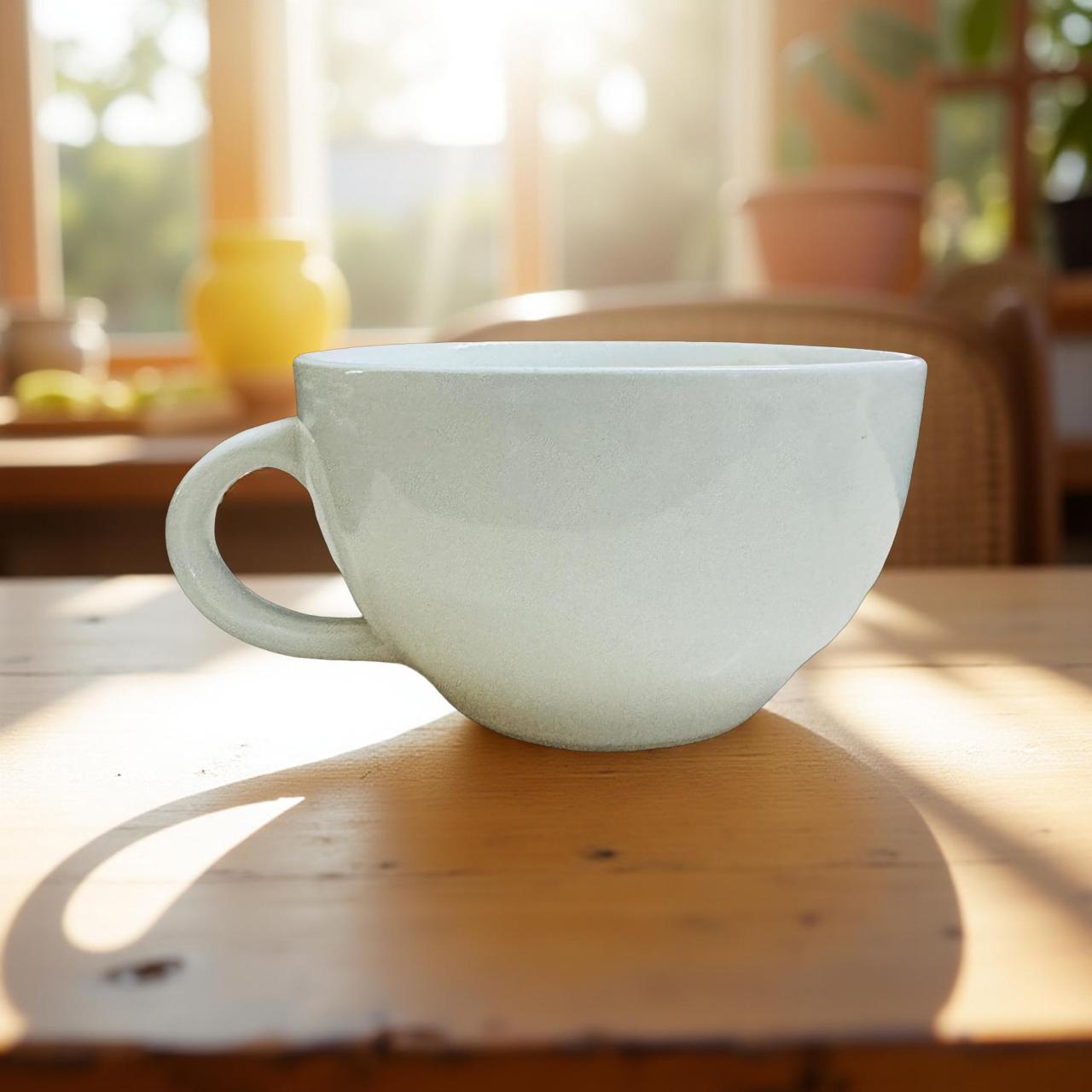 White ceramic cup on a wooden surface with a blurred indoor background