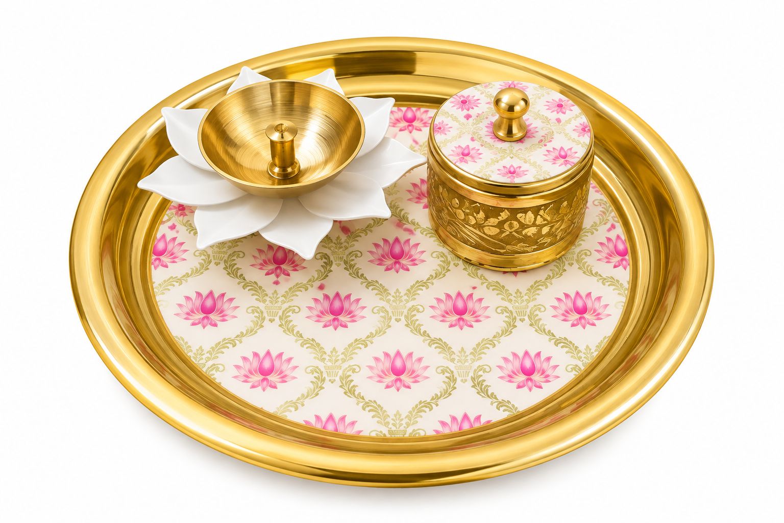 A decorative gold-plated tray with a pink and white lotus pattern, holding a small gold vessel and a matching patterned lid, photographed on a white background.