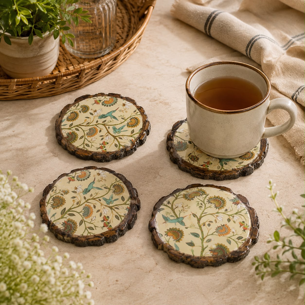 Designed to pair beautifully with tea cups, coffee mugs and everyday table settings, these decorative coasters bring together rustic texture and elegant floral detailing