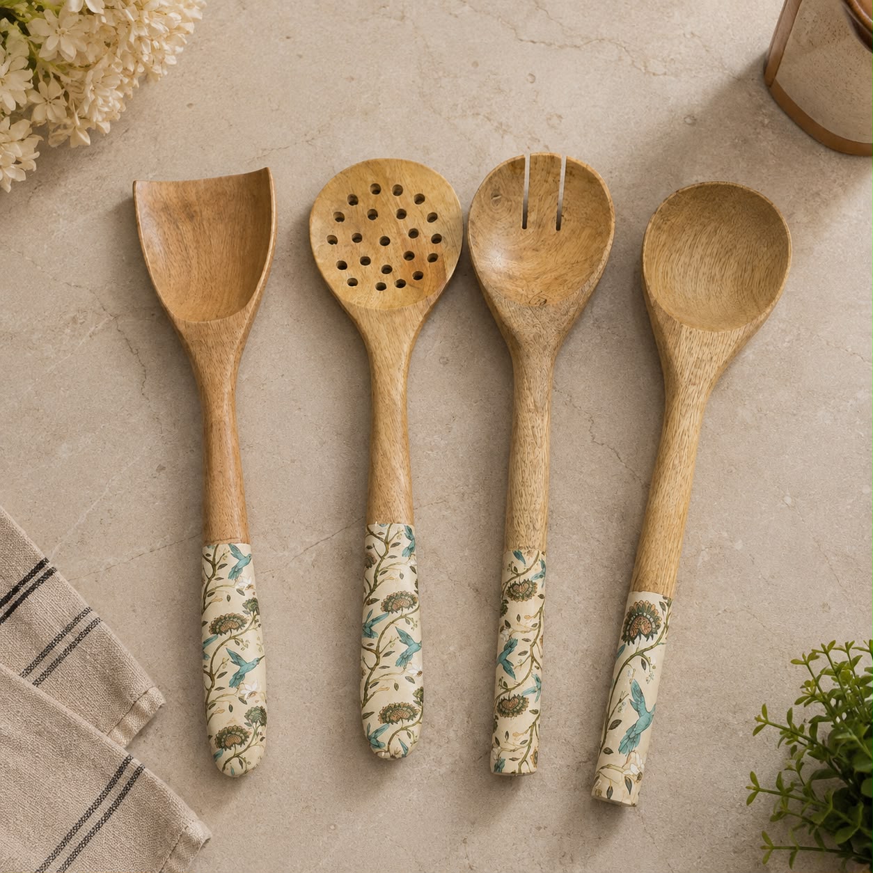 Floral wooden kitchen utensil set with cooking spoons spatula and ladle