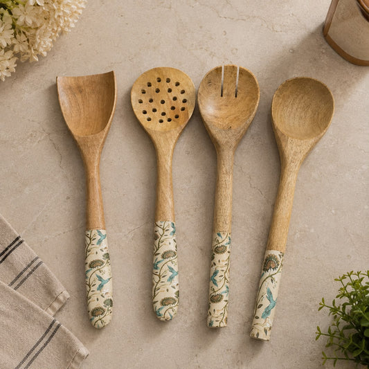 Floral wooden kitchen utensil set with cooking spoons spatula and ladle