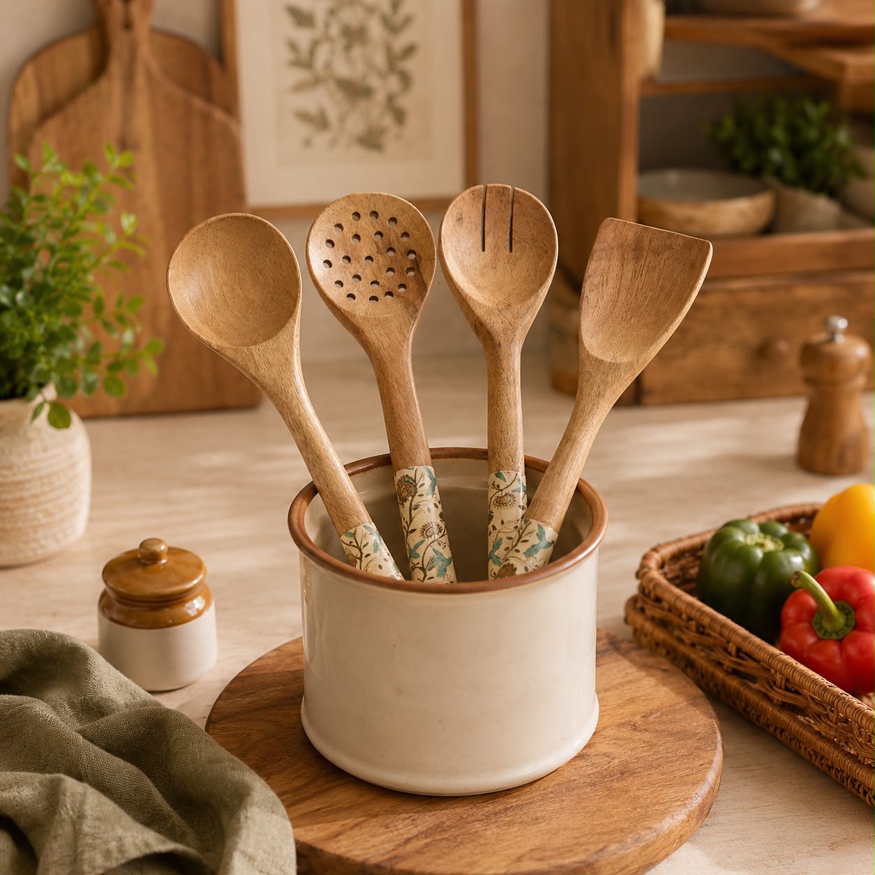 Natural wooden cooking tools with floral printed handles