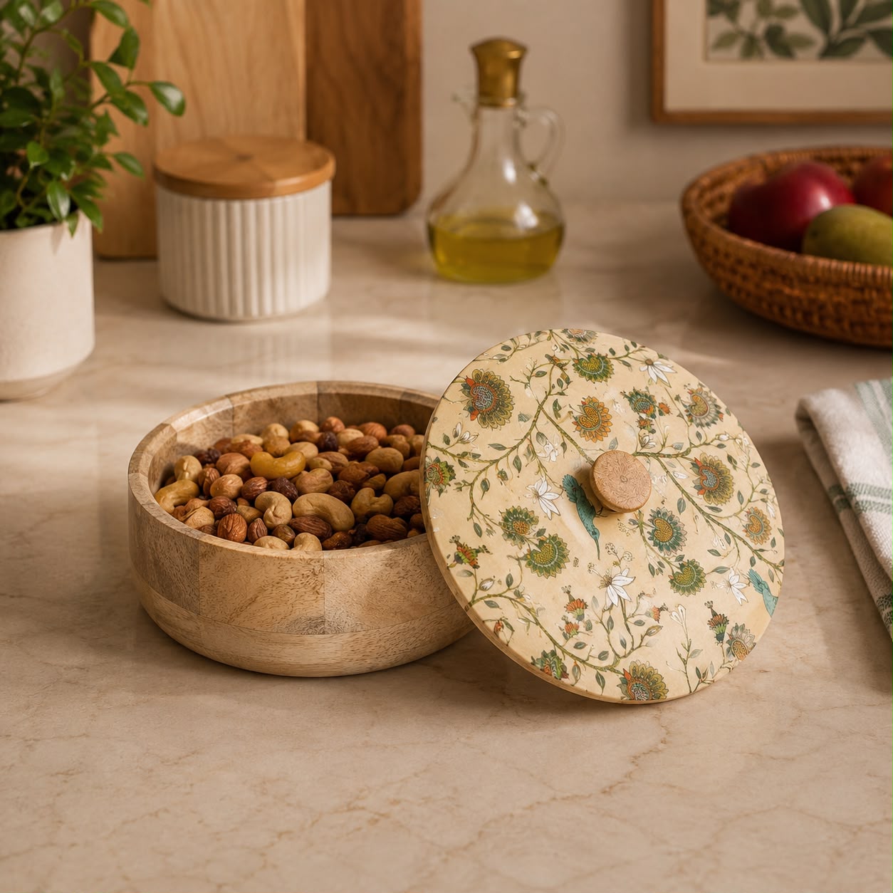 Floral wooden dry fruit box with decorative lid