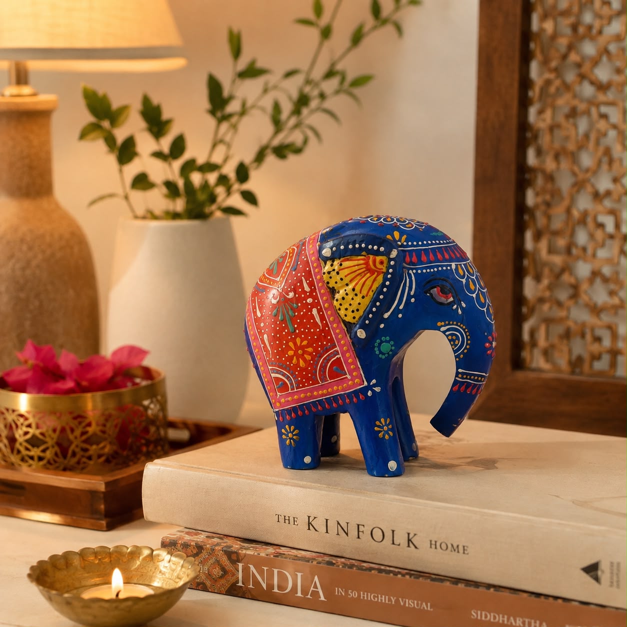 Handcrafted wooden elephant showpiece with vibrant Rajasthani folk art