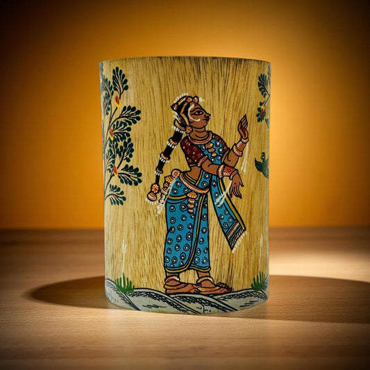 Handpainted wooden holder with traditional Pattachitra artwork of an Indian lady – festive gifting decor piece