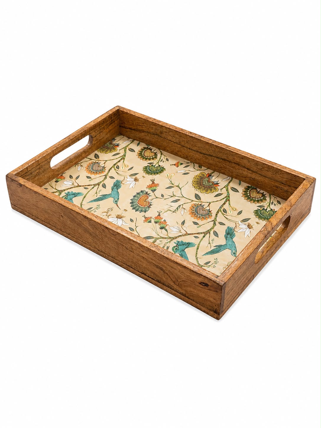 A rectangular wooden serving tray with cutout handles, featuring a beige fabric lining decorated with a colorful floral and bird pattern, shown on a plain white background.