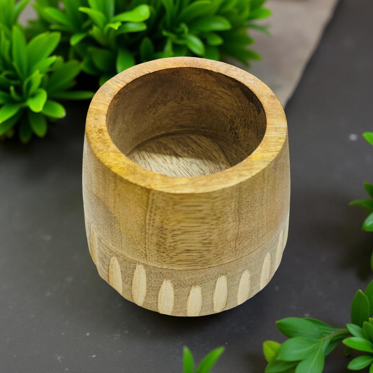 Wooden mortar and pestle on a dark surface with green plants in the background