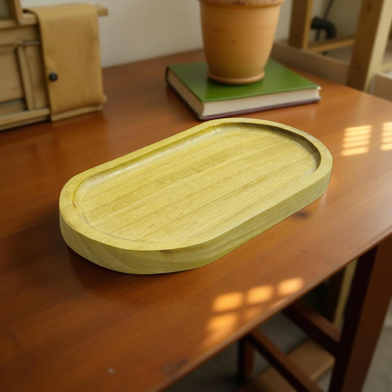 Wooden tray on a wooden table with a blurred background