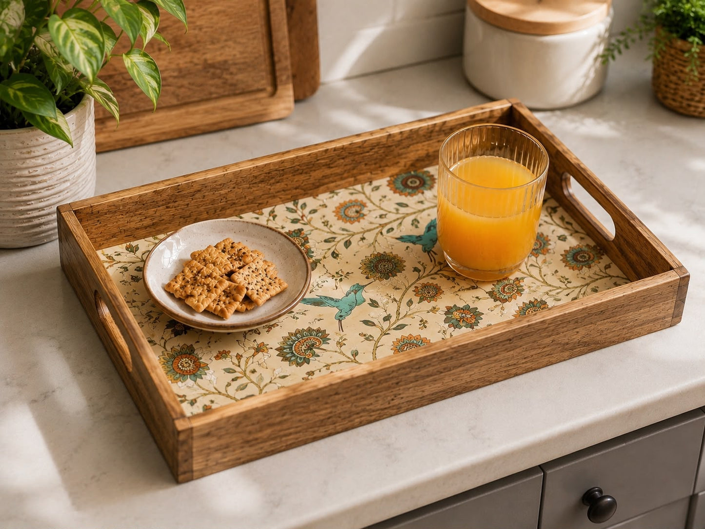 Rectangular wooden serving tray with handles and illustrated centre panel