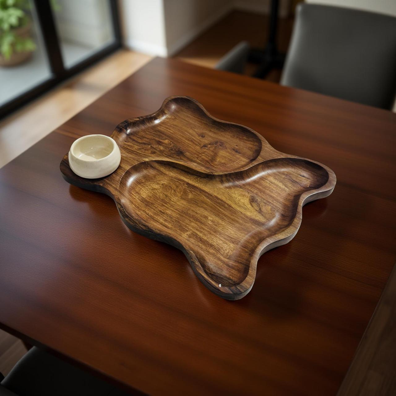 Wooden serving tray with a white ceramic bowl on a wooden table