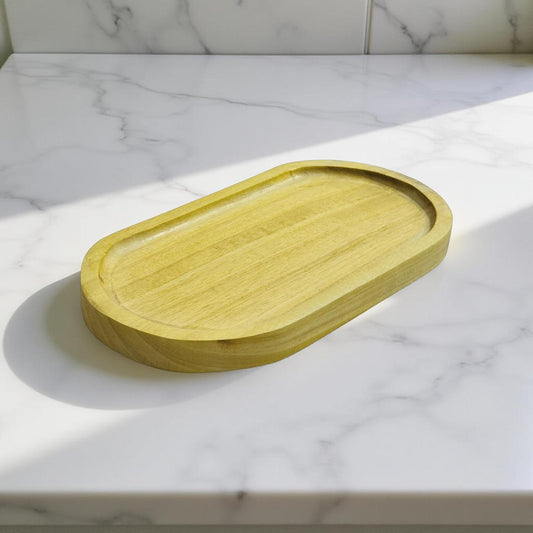 Wooden tray on a marble surface