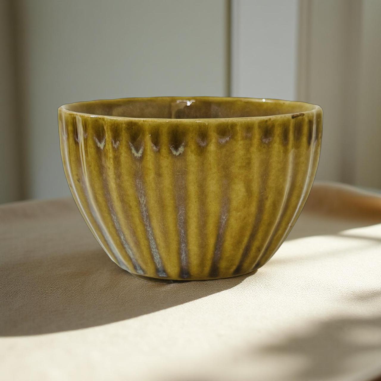 Ribbed yellow ceramic bowl with glossy finish for Sawan festive gifting